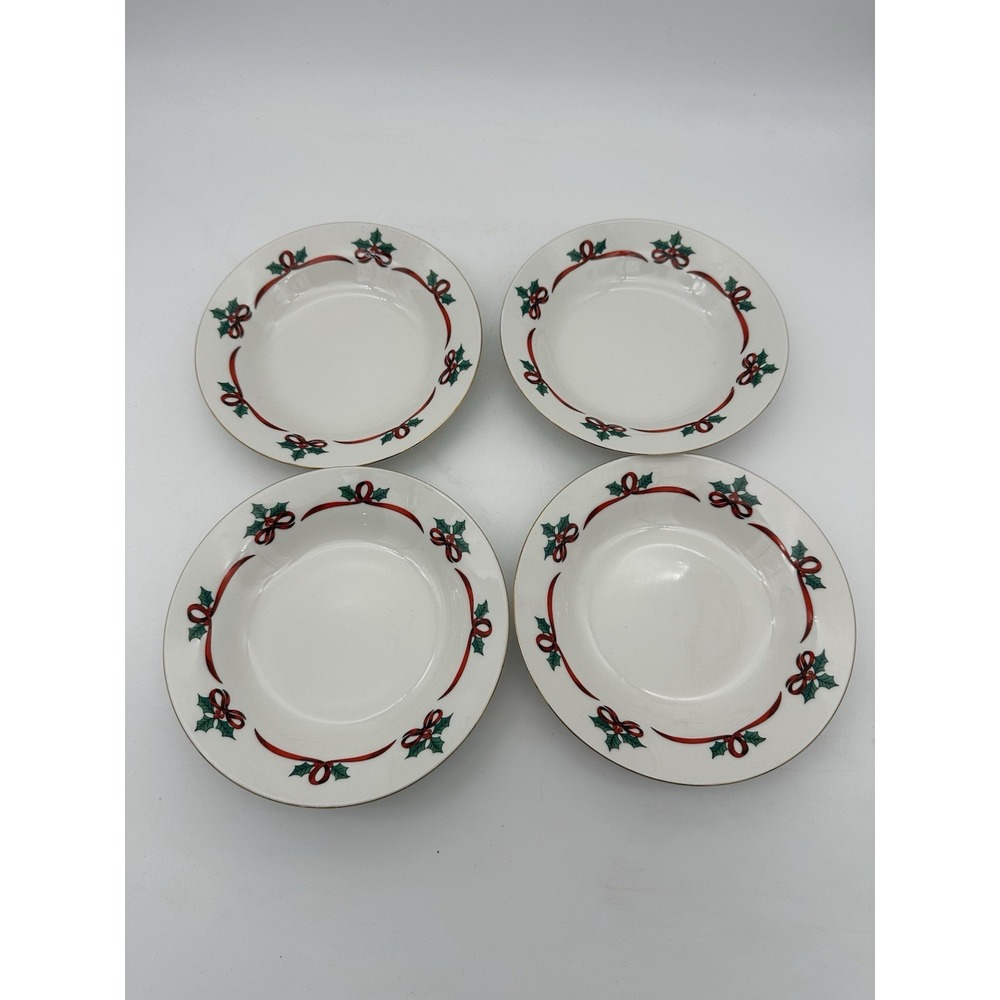 4 Jamestown China Bowls Christmas Ribbons Holly Gold Trim Set EUC